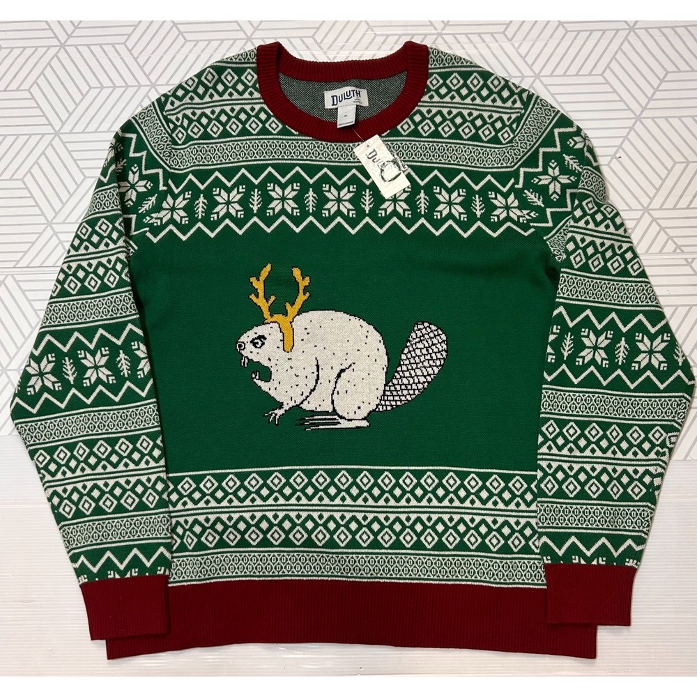 NWT Duluth Trading Ugly Beaver Sweater Men's XL Green Pullover Christmas Gag i